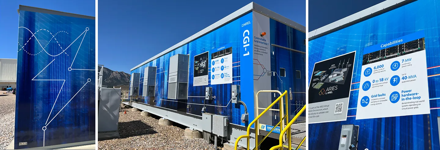 CGI-1 research container at NREL's Flatirons Campus wrapped in blue graphics with capability callouts