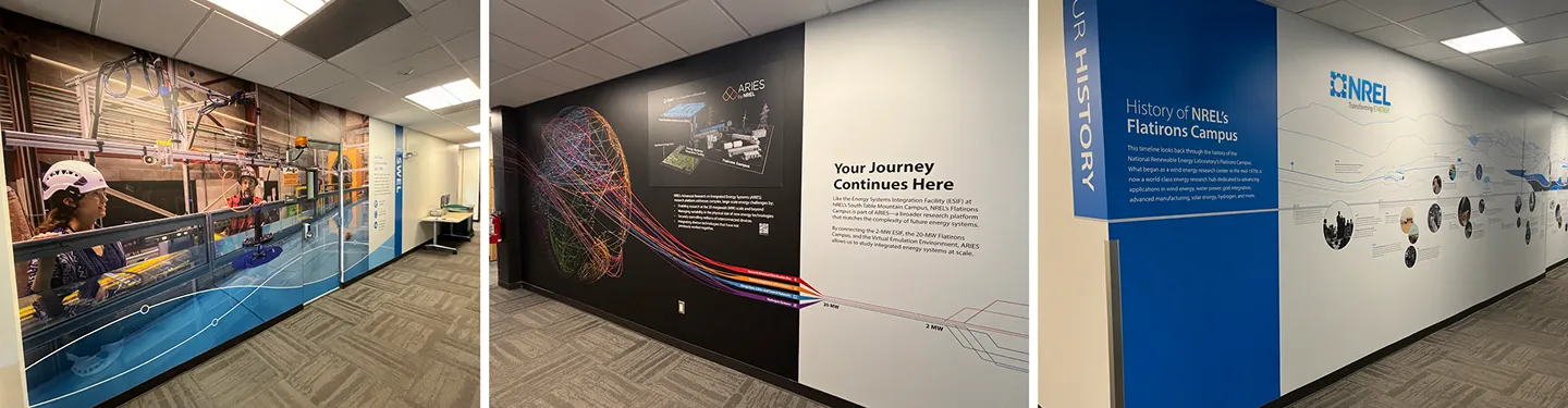 NREL Flatirons Campus hallway graphics: a research photo mural, a "Your Journey Continues Here" wall, and a campus history timeline