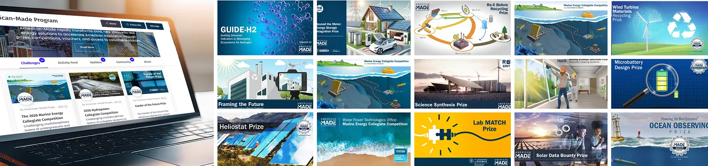 American-Made Challenges website on a laptop beside a grid of prize graphics such as GUIDE-H2, Lab MATCH and Ocean Observing