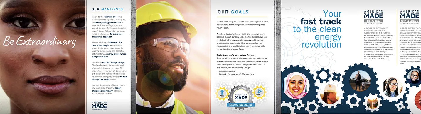 American-Made brand manifesto and goals spreads with portrait photography and a "fast track to the clean energy revolution" layout