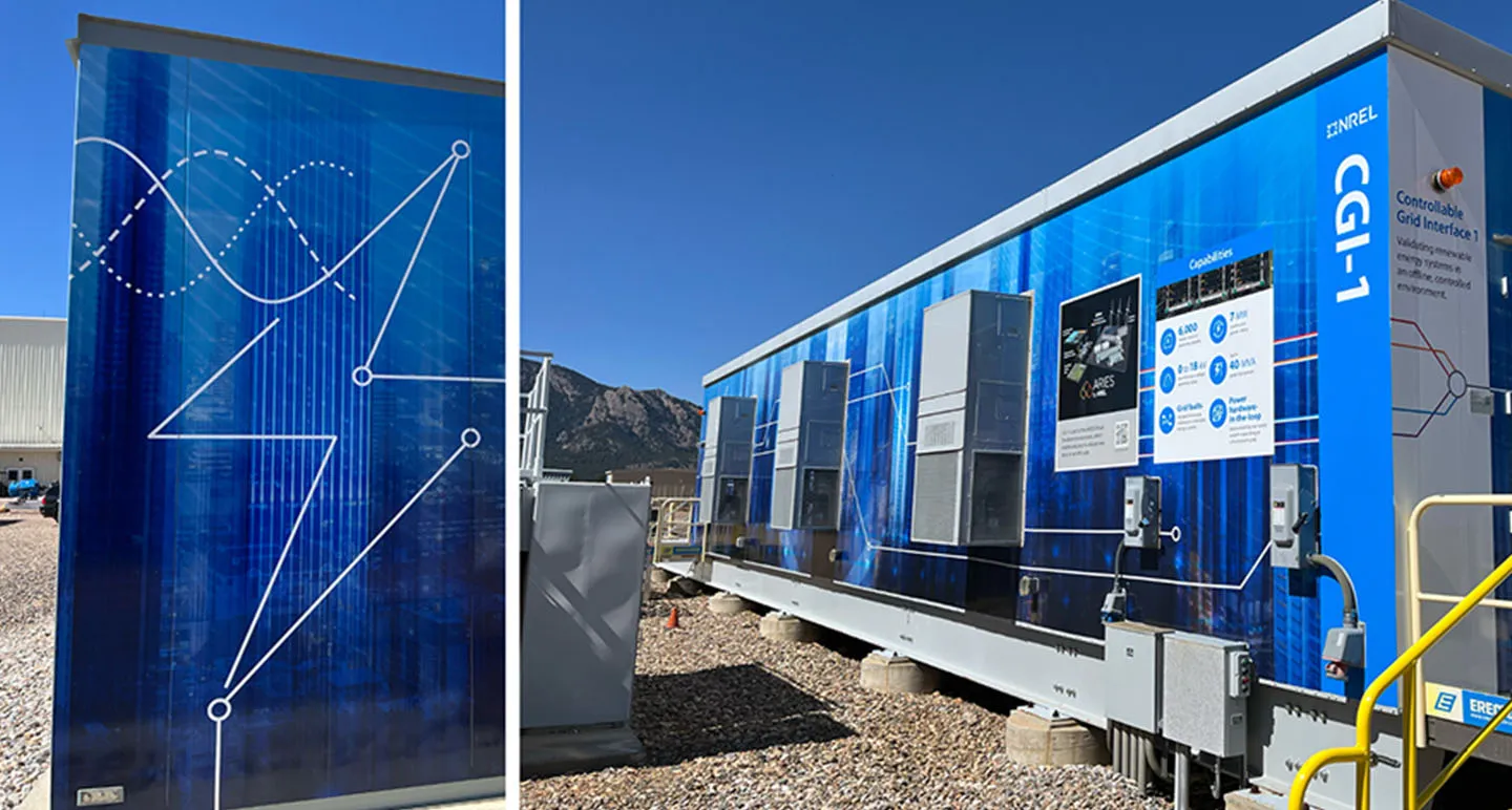 NREL Flatirons Campus research container wrapped in a blue environmental graphic with line-art energy illustrations