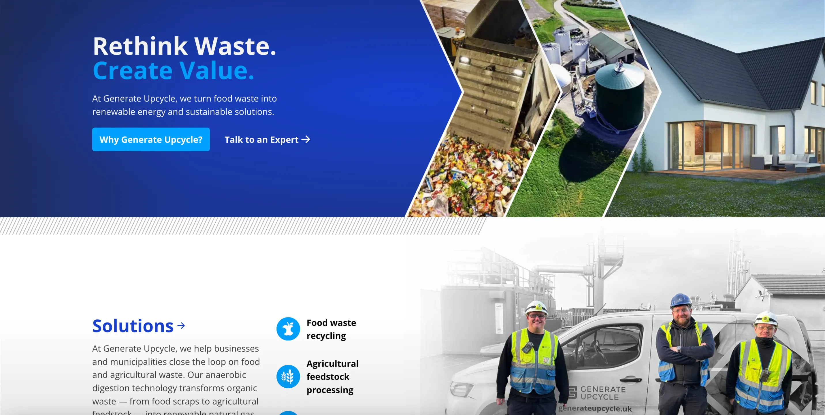 Redesigned Generate Upcycle homepage with the "Rethink Waste. Create Value." hero and a Solutions section