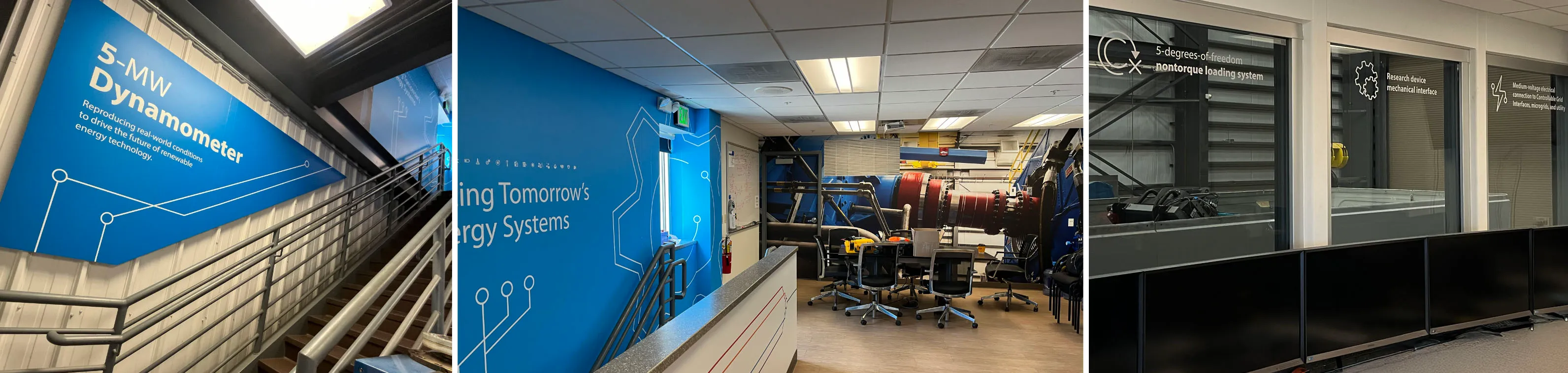 Interior environmental graphics at NREL's Flatirons Campus, including a 5-MW dynamometer wall and lab window signage